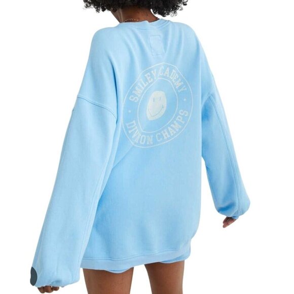 Aerie Smiley Real Crew Oversized Baby Blue Sweatshirt Trending Size XS - Picture 4 of 9